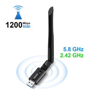 WiFi Adapter for PC, QGOO 1200Mbps USB 3.0 Wireless Network WiFi Dongle with 5dBi Antenna for Desktop/Laptop, Dual Band 2.42G/5.8G 802.11ac, Support Windows 10/8/8.1/7/Vista/XP, Mac OS 10.5-10.14
